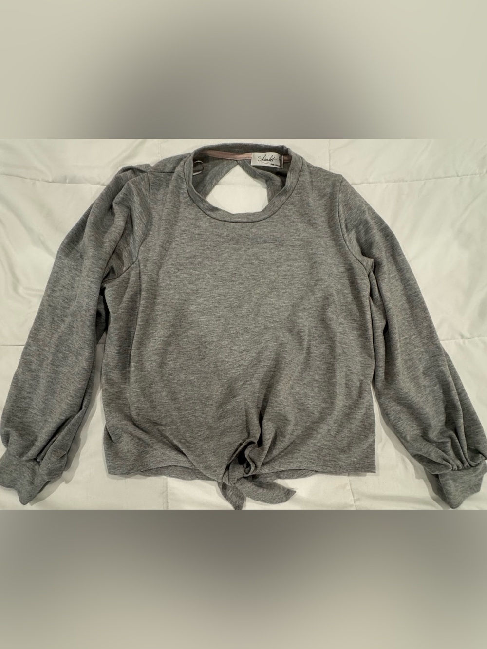 Skonhet Brand Grey Long Sleeve Tie-Front Tee with Design to Show Upper Back!